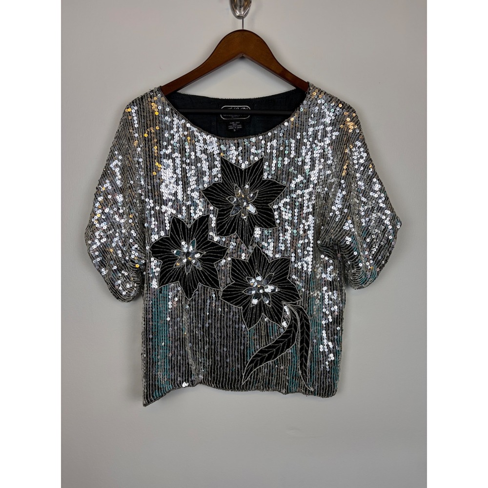 Vintage JLB Sequin Silk Blouse Small‎ Silver Black Floral 80s Glam Evening Top